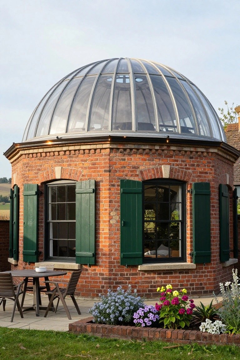 Octagonal red brick building with curved glass dome roof, green shutters on black-framed windows, wooden outdoor table and chairs on patio, flower beds and grass surrounding the base.