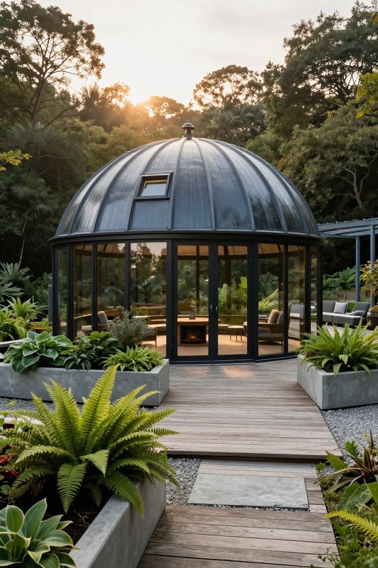 A curved black metal-framed glass dome pavilion with interior lounge seating on a wooden deck, surrounded by tropical plants in large concrete planters and a gravel path in a wooded garden at sunset.