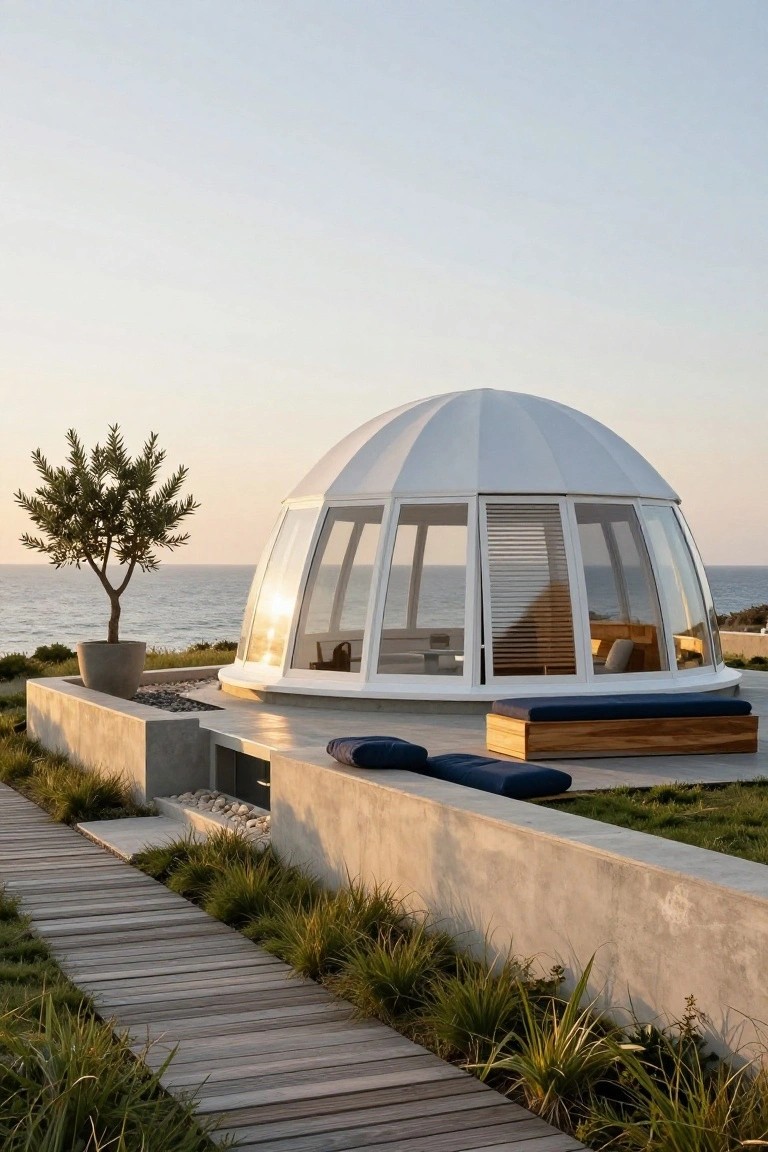 White curved dome structure with glass panels and louvers on a concrete terrace by the ocean, featuring outdoor wooden benches, a potted olive tree, and a wooden boardwalk path amid low grasses.