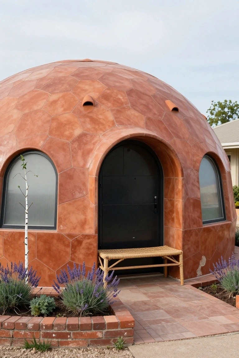Dome-shaped house exterior clad in reddish-brown hexagonal terracotta tiles with two arched frosted windows, black arched door, wooden bench on tiled entry path, lavender plants in brick-edged bed, and gravel yard.