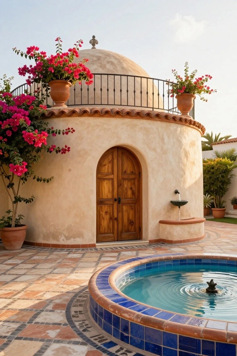 Beige stucco rounded dome house with wooden arched door, pink bougainvillea plants in terracotta pots on balcony and ground, black metal railing, and blue-tiled fountain on terracotta patio.