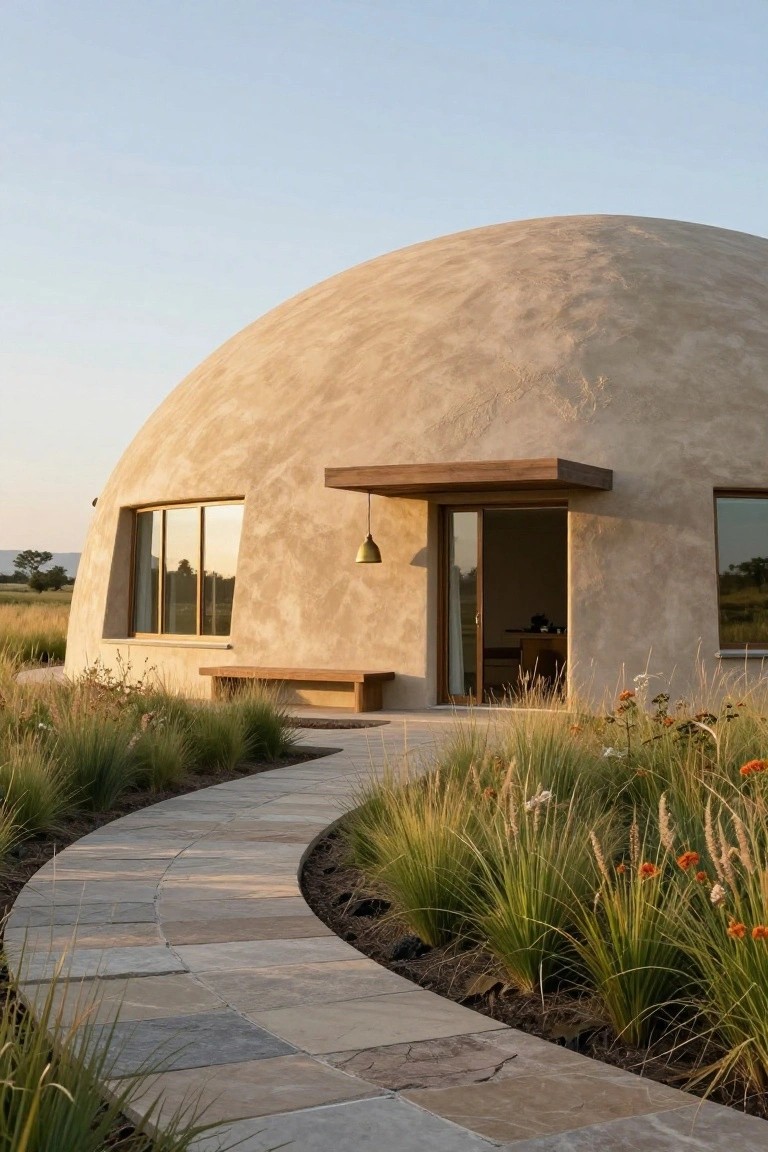 Beige dome-shaped house with smooth plaster exterior, wooden entry canopy and bench, sliding glass door, and curved stone pathway edged with tall grasses in a field.