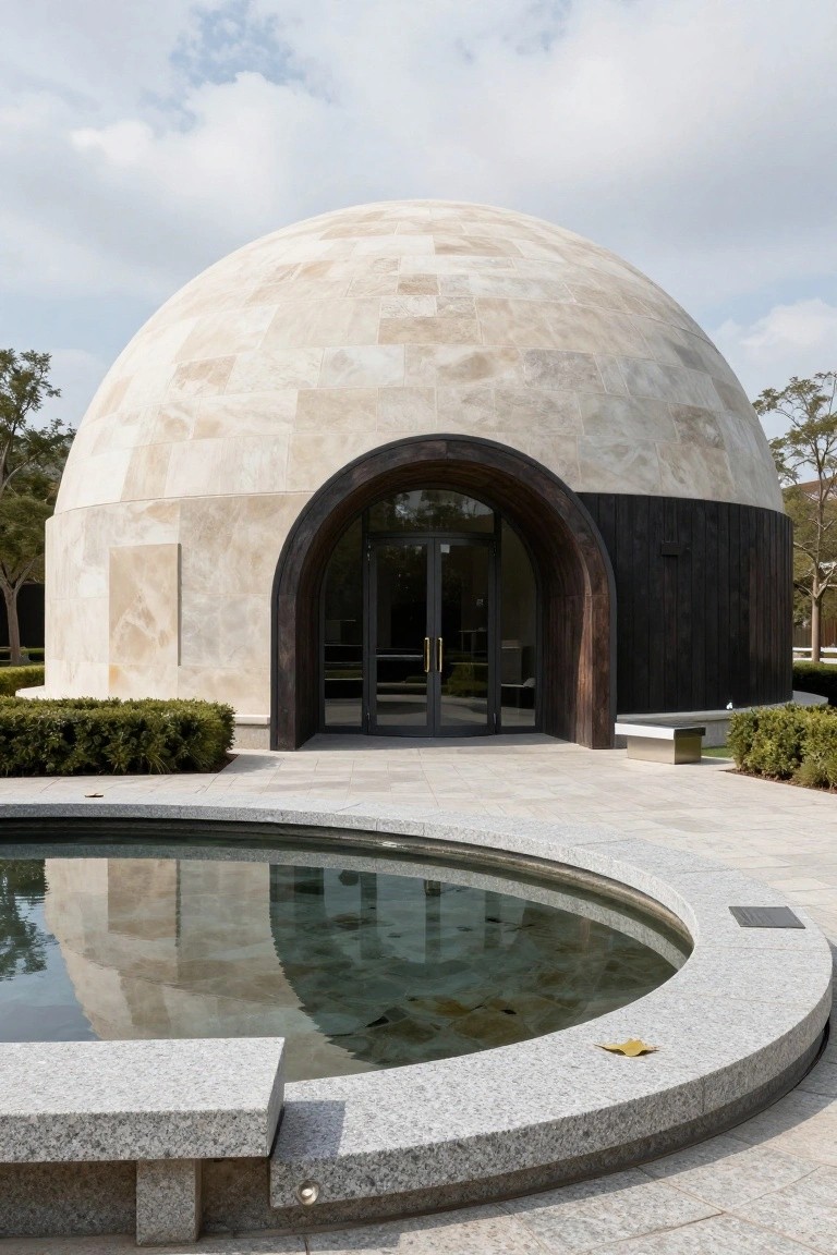 A light beige stone-clad dome building with a prominent dark wood arched entry containing glass doors, set before a circular granite reflecting pool with a bench, amid low hedges and trees under a cloudy sky.