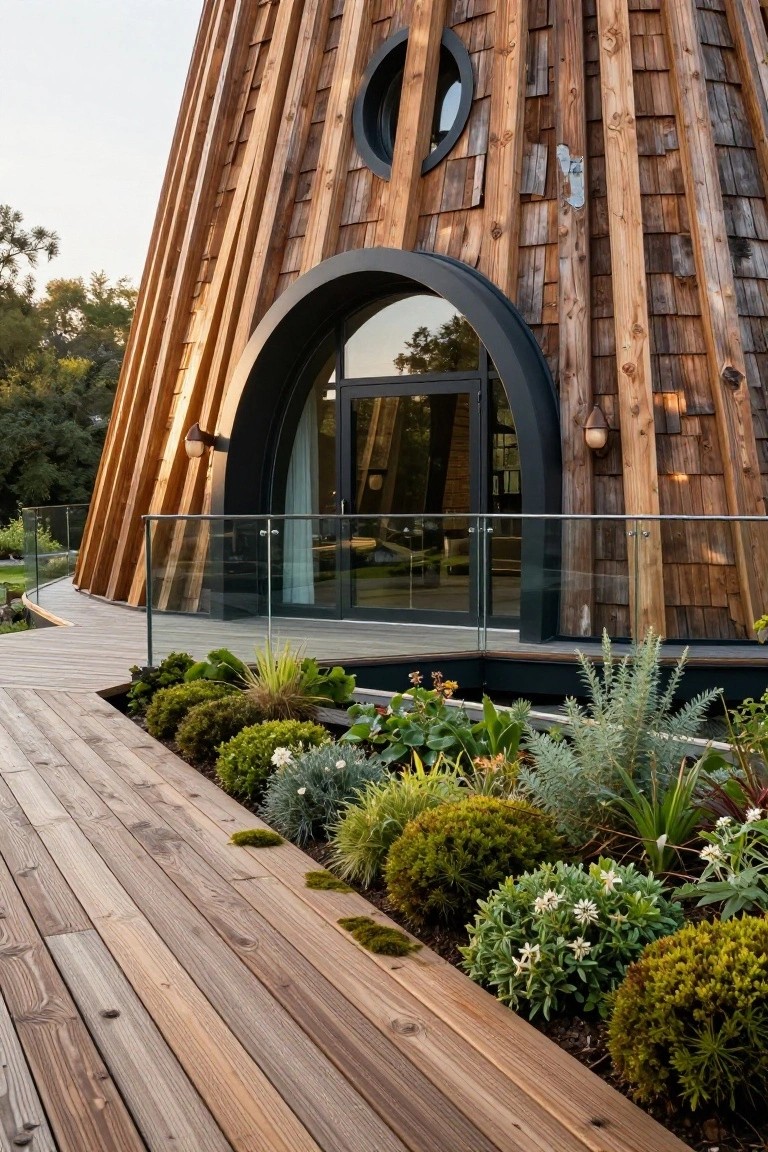 Tall conical house exterior with vertical wooden cladding and shingles, curved black-framed glass entrance door, wooden deck with glass railings leading to planted garden beds.