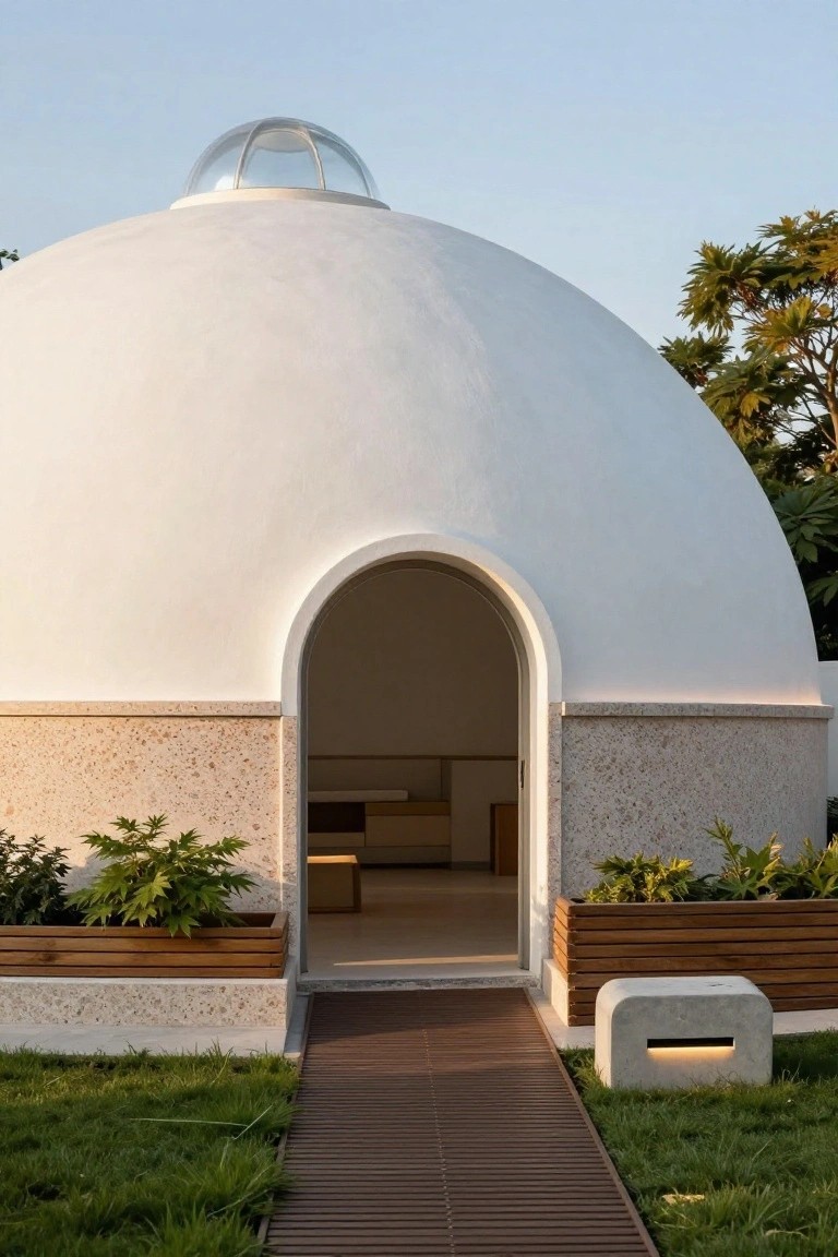 White dome-shaped house exterior with glass oculus on top, arched entry flanked by plants in wooden boxes, wooden walkway leading across green lawn, palm trees in background.