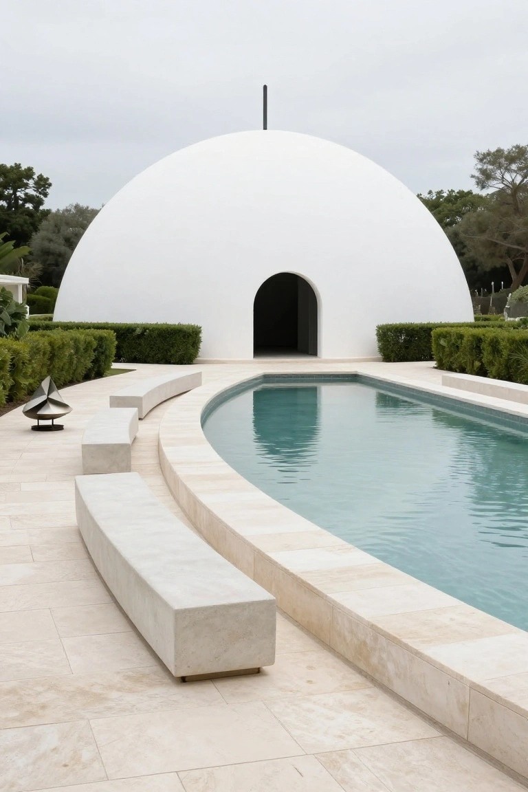 White dome building with arched black entrance beside a curved turquoise pool edged in beige stone, concrete benches along the pool, hedges and trees in background on tiled paving.