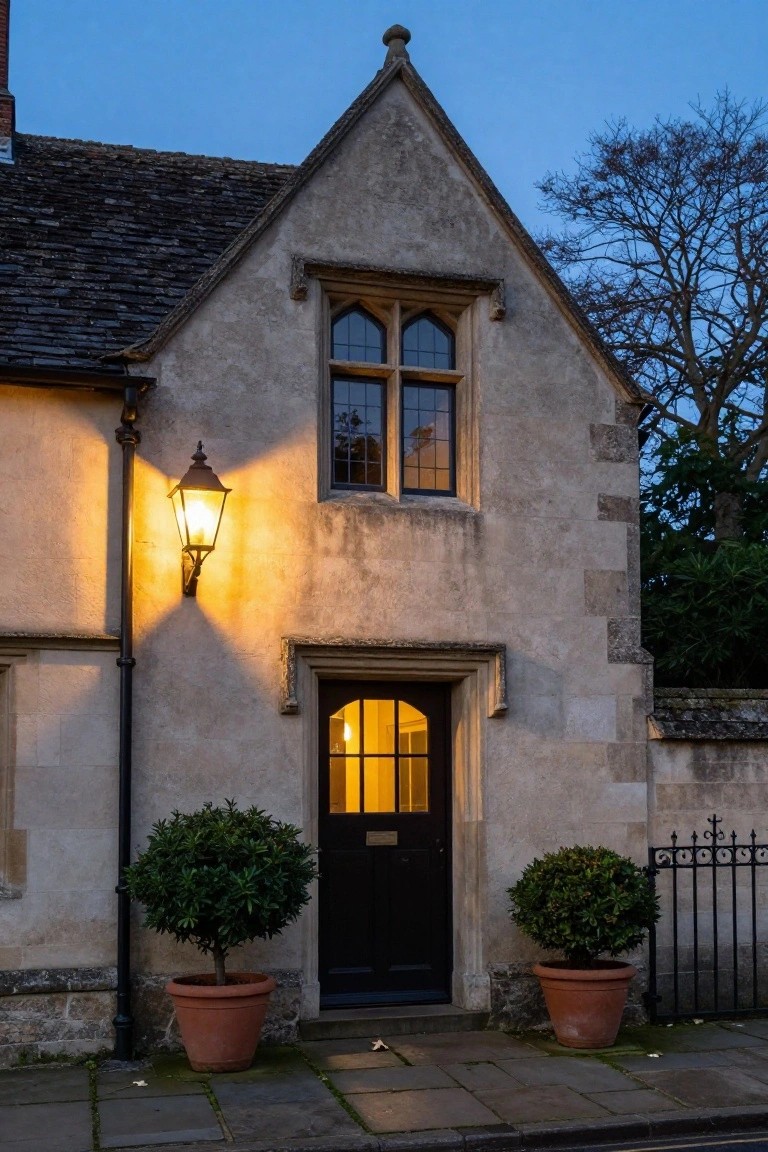 Stone Tudor-style house exterior at dusk illuminated by a street lantern next to the black front door flanked by terracotta pots with clipped shrubs and an iron side gate.