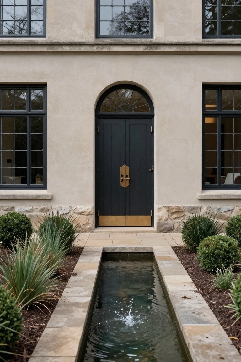 Beige stone house facade featuring tall black-framed windows, a centered black double front door with gold hardware and arched fanlight window above, stone pathway with narrow water channel, and low plantings on either side.