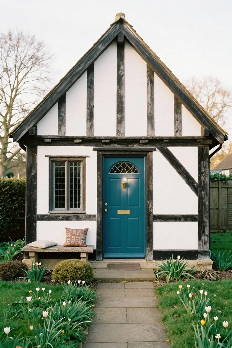 Small half-timbered Tudor cottage with black wooden beams on white walls, arched turquoise front door with brass hardware, wooden bench with cushions beside the door, and stone pathway bordered by green plants and white daffodils.