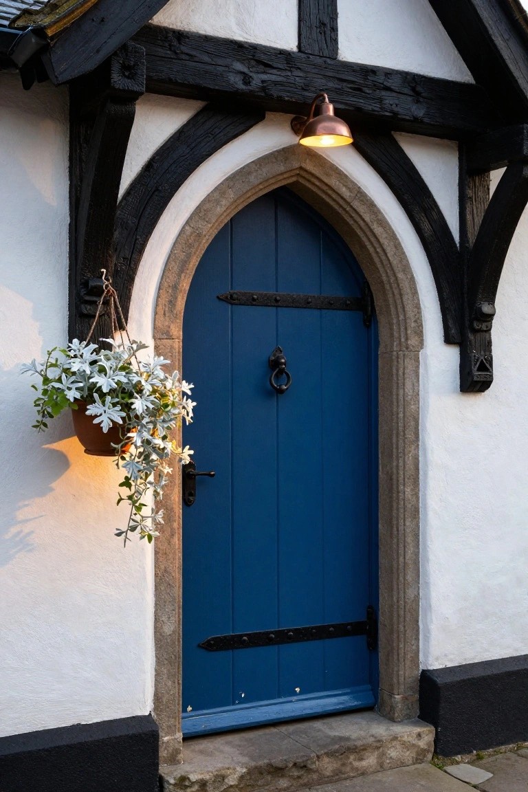 Tudor-style house exterior with a blue wooden door set in an arched stone doorway, black timber framing on white plaster walls, copper wall lantern, hanging basket of white flowers, and stone steps.