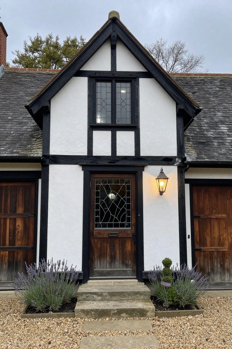 Tudor-style house facade with black half-timber framing on white plaster walls, slate roof, leaded glass windows and door, wooden garage doors, a lantern light by the entrance, lavender plants, and gravel ground.