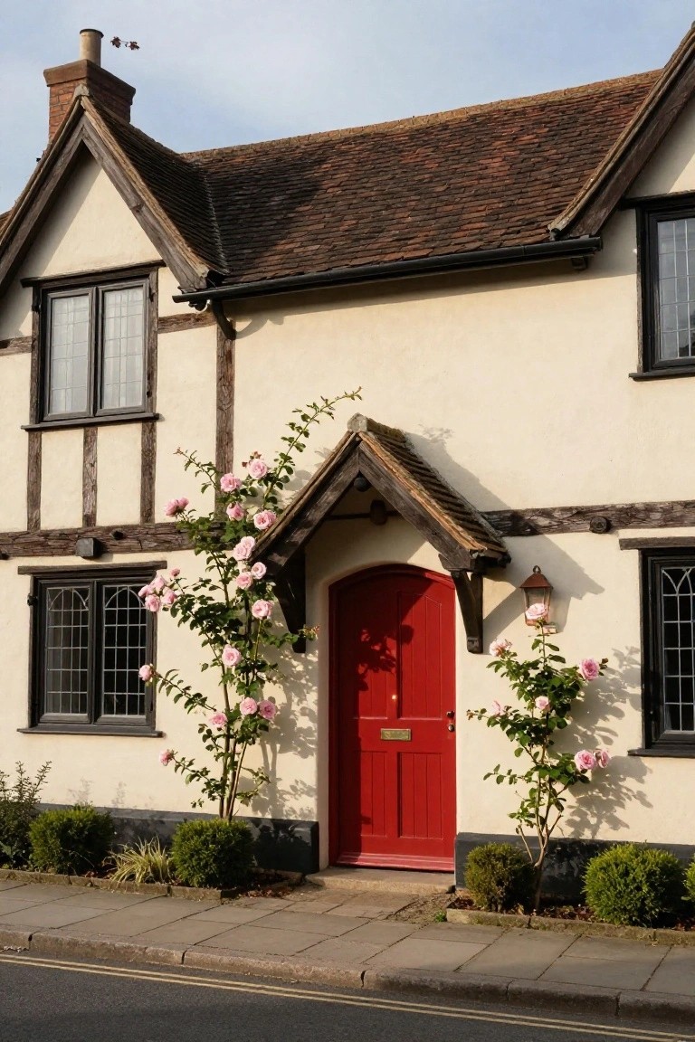 Cream stucco Tudor house with dark timber framing, pink climbing roses around a red front door under a small gabled porch, flanked by shrubs and a paved sidewalk.