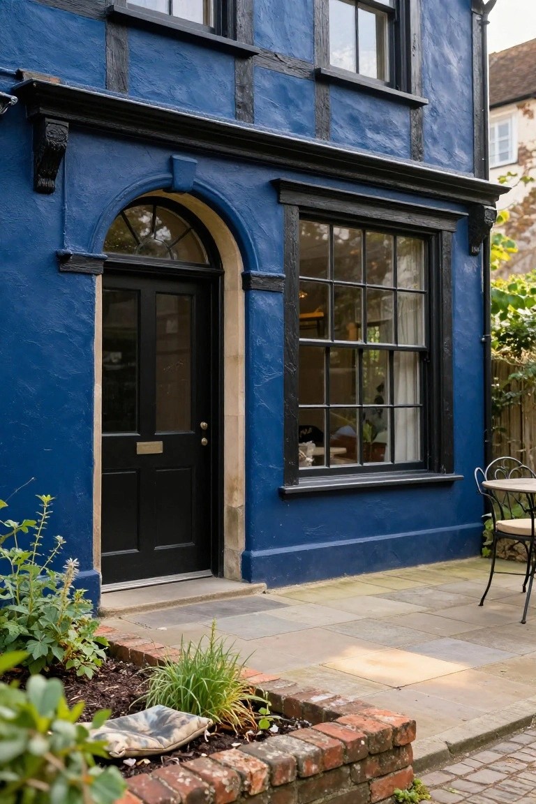 Blue-painted Tudor-style house exterior with black timber framing, arched transom window above a black front door, brick edging, plants, and a small patio with bistro table and chairs.