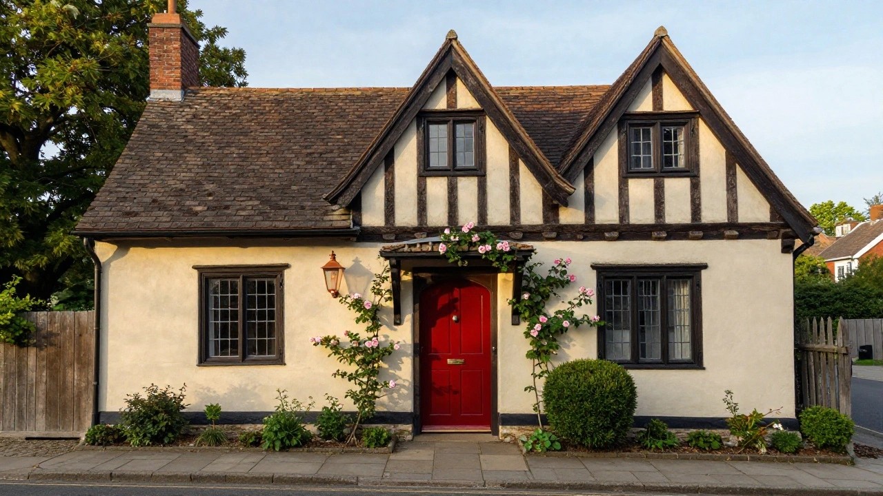 Cream stucco Tudor house with dark timber framing, pink climbing roses around a red front door under a small gabled porch, flanked by shrubs and a paved sidewalk.