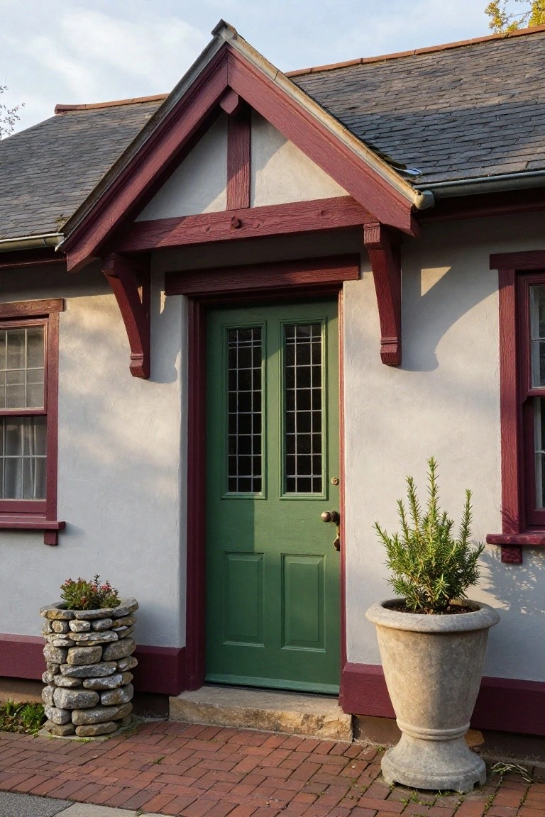Tudor-style house exterior with light stucco walls, red timber accents on gable and porch, green paneled door with glass inserts, flanked by potted plants in stone and urn planters on brick path.
