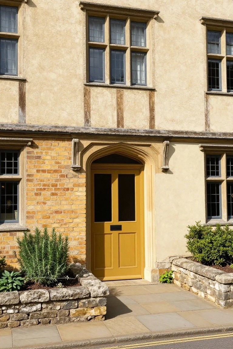 Tudor-style house facade with yellow double front doors under a stone arched porch, beige plaster and brick walls, leaded glass windows, and stone planters with rosemary plants beside a paved path.
