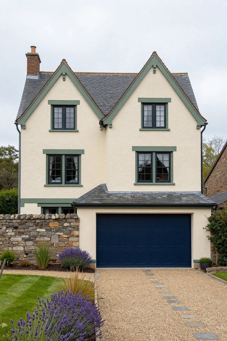 Two-story cream house with green trim on gables and windows, slate roof, blue garage door, stone boundary wall, gravel driveway with pavers, lavender plants, and lawn in front.