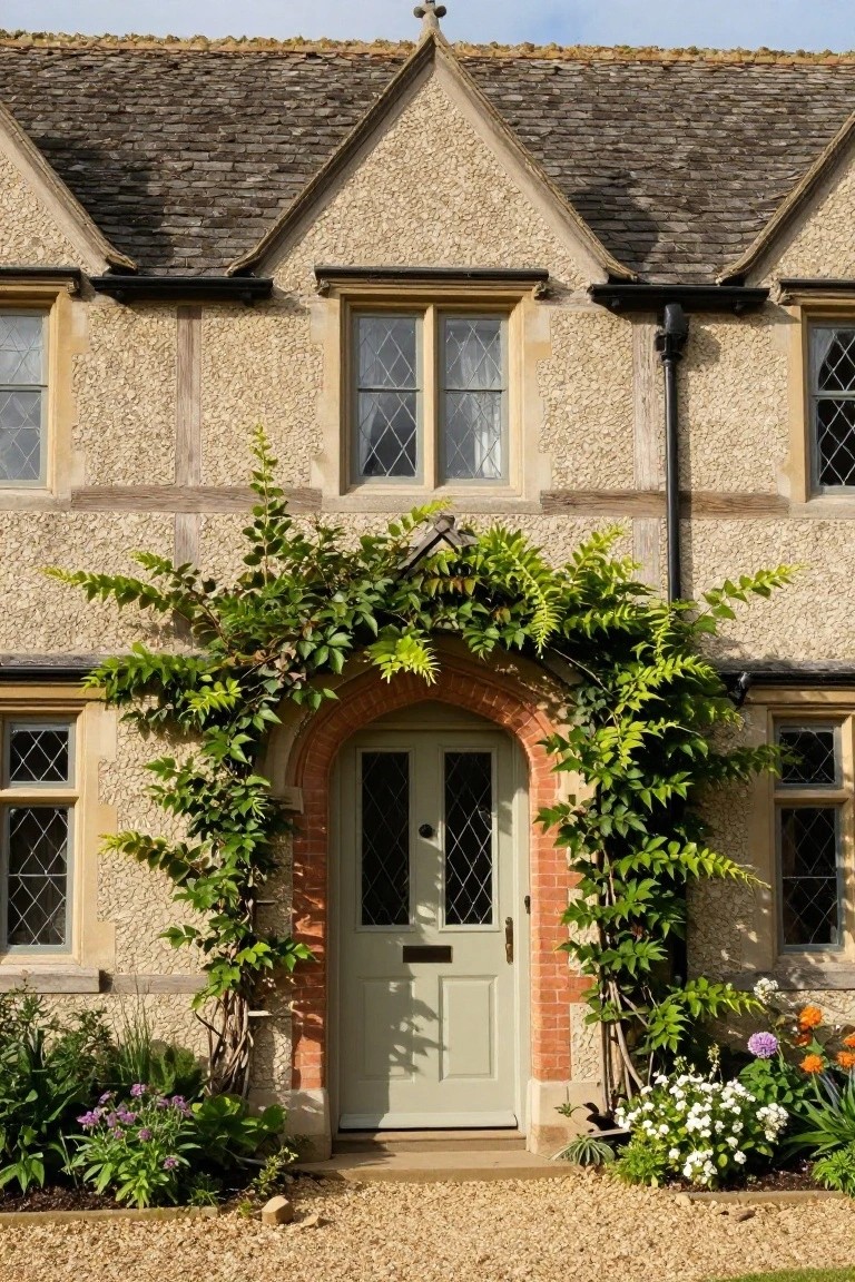 Tudor-style house facade with beige stone walls, dark timber framing, red brick arched entryway covered in green climbing vines, pale sage green wooden front door with leaded glass panels, white-framed leaded windows, downspouts, and gravel path with flower beds at the base.