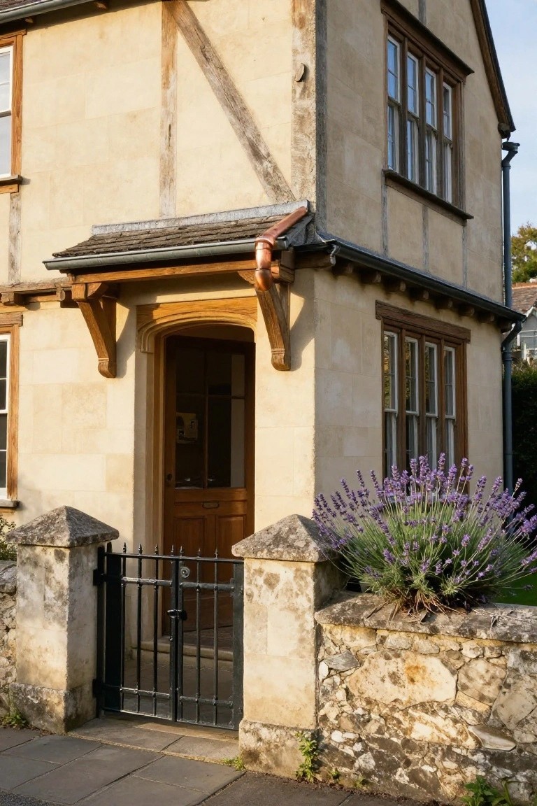 Two-story Tudor-style house exterior with beige plaster walls, dark timber framing, wooden porch over a paneled door, black wrought iron gate in a stone wall, and purple lavender bushes beside the gate.