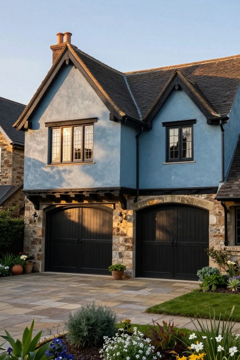 Tudor-style house exterior featuring light blue stucco walls, dark timber framing, black double garage doors with stone surrounds, leaded windows, and front landscaping on a stone paver driveway.