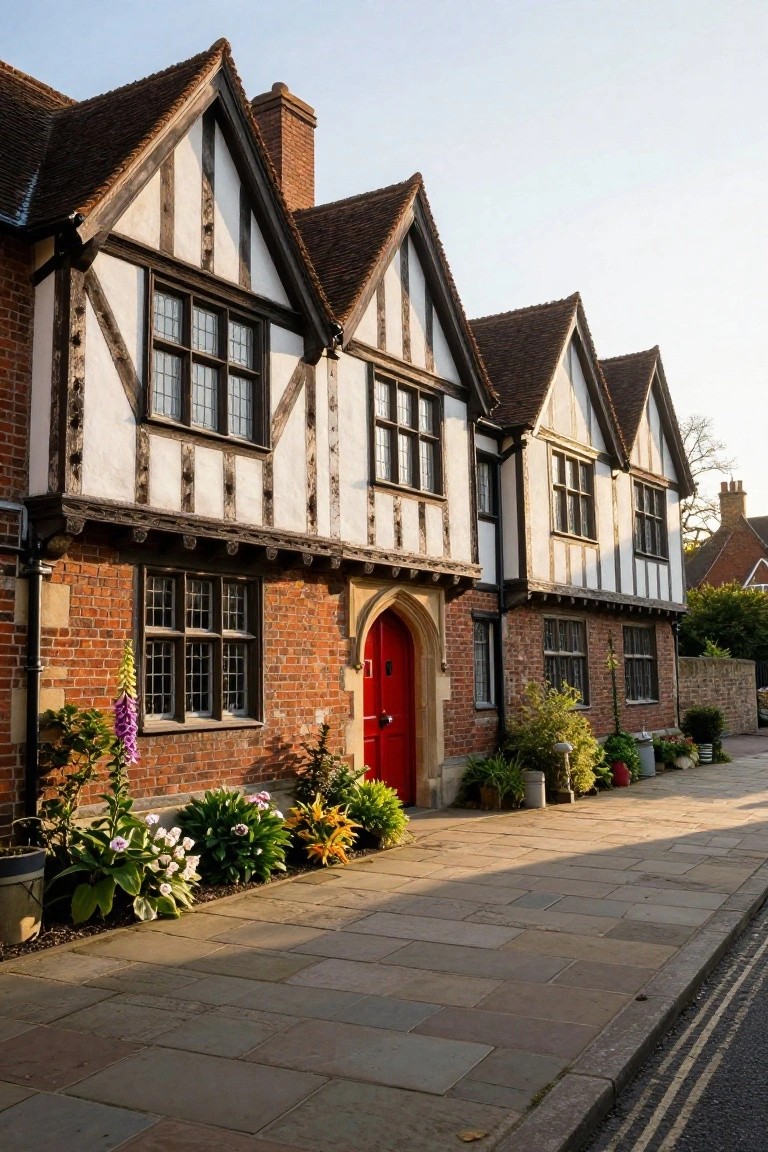 Row of three attached Tudor-style houses with black half-timber framing on white plaster walls, red arched front door, brick base, multi-paned windows, potted plants and flower beds along a stone pavement pathway.