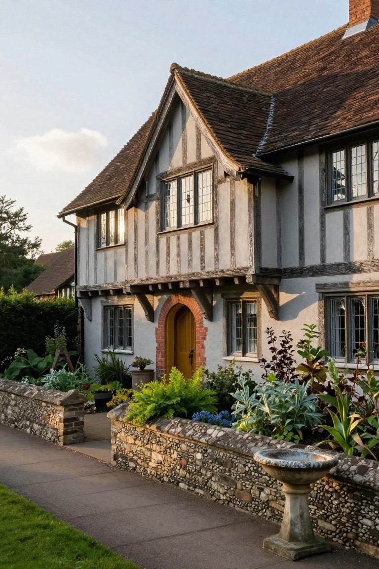 Tudor-style house exterior with dark timber framing and white plaster walls, yellow wooden front door under brick archway, stone boundary wall with plants and stone birdbath along paved path.