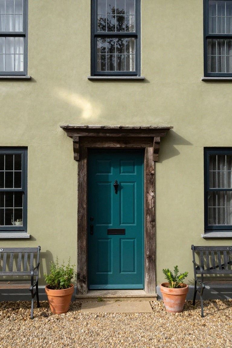 Pale green two-story house facade with black metal window frames, central dark-timbered turquoise paneled door with brass knocker and letterbox, flanked by black metal benches and terracotta pots containing plants on a gravel surface.