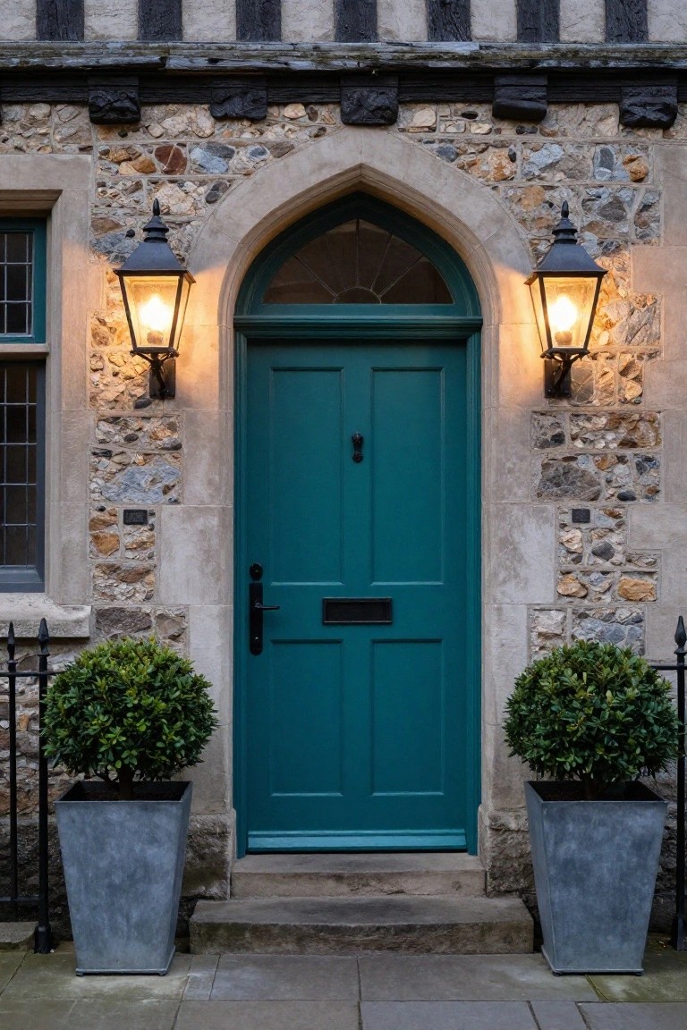 Tudor-style house entrance featuring a turquoise wooden front door centered under an arched window, flanked by stone walls with timber accents, wall lanterns, and potted boxwood shrubs on a stone step.