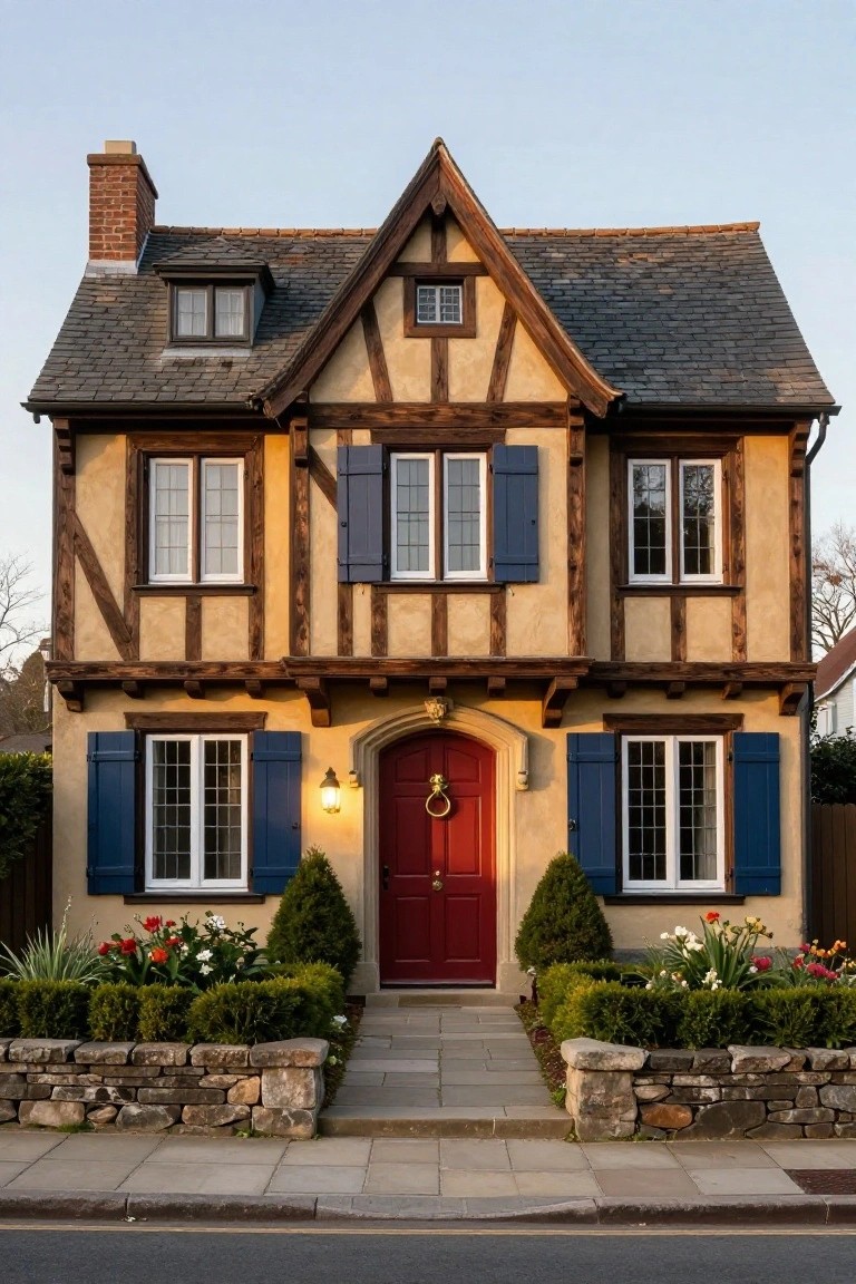 A two-story beige Tudor house with dark timber framing, navy blue shutters, red front door, slate roof, brick chimney, stone retaining walls, and front landscaping with shrubs and flowers.