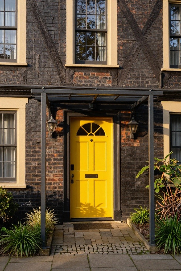 Tudor-style house exterior with dark brick walls, black timber framing, a bright yellow front door with fan window, black lanterns, metal canopy, and low plants along the path.