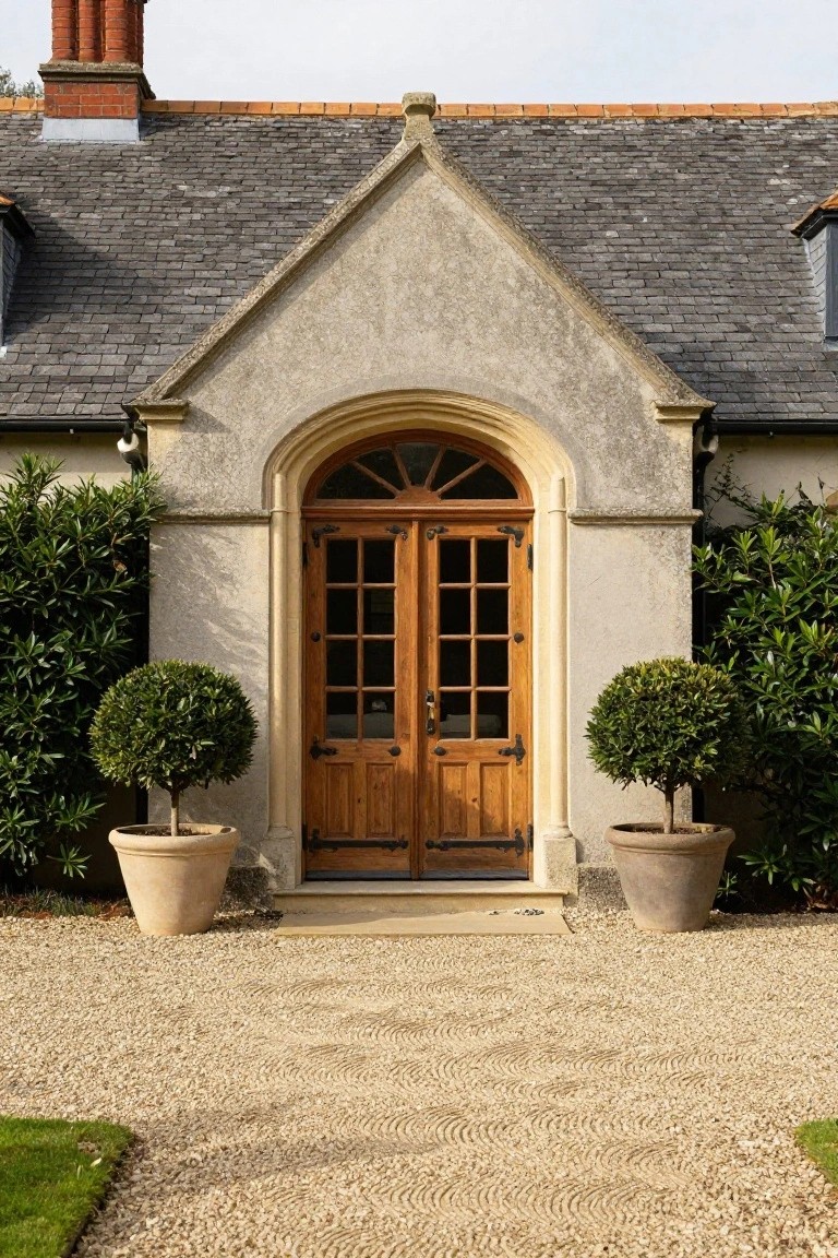 Stone-clad house facade featuring a tall arched wooden double door with glass panels, flanked by potted topiary shrubs on a gravel pathway.