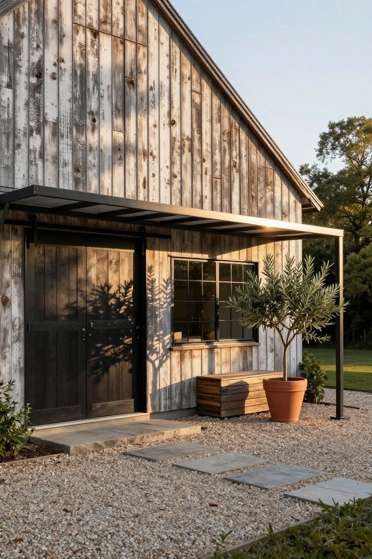 Weathered white vertical wood siding on a barn-style house with a black double sliding barn door under a black metal canopy, stone steps leading to the entry, terracotta pot with olive tree, firewood stack, gravel ground, and green lawn in the background.
