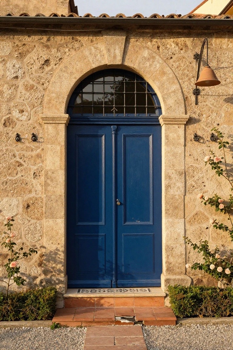 Rustic stone house facade with blue double door centered under arched barred window, wrought iron lanterns on pillars, climbing roses and shrubs on sides, terracotta steps leading to gravel path