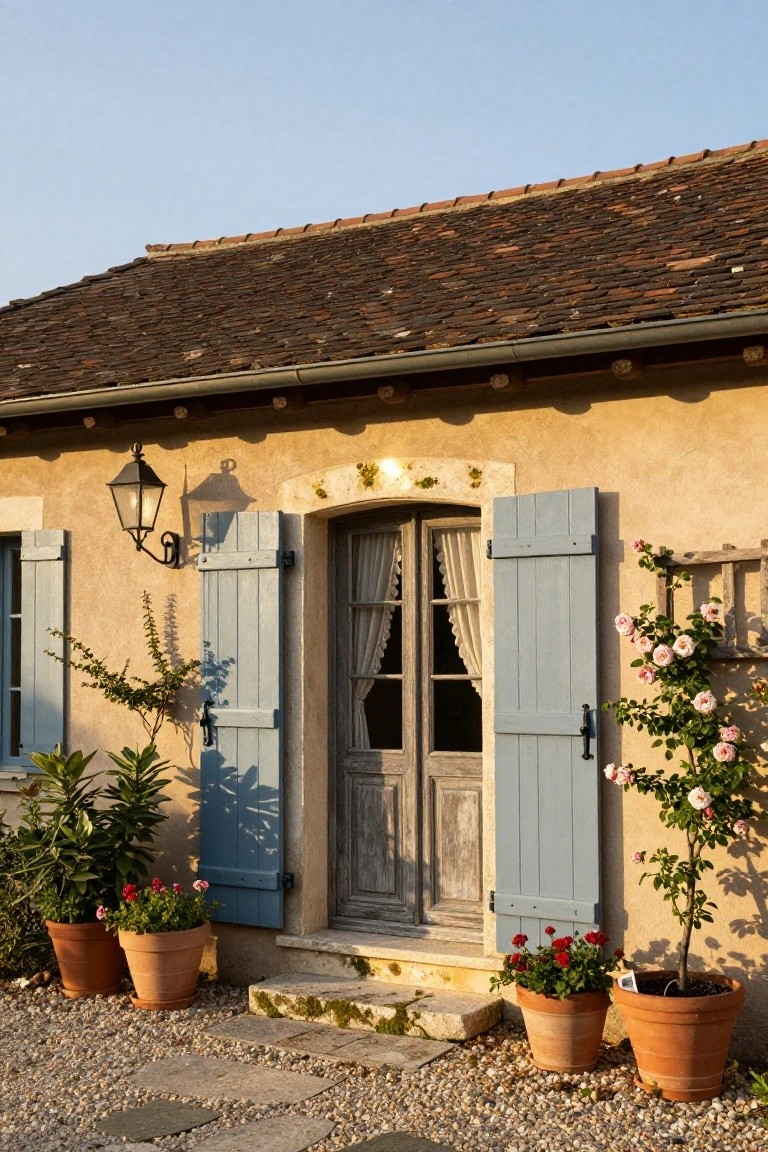 Ochre stucco house facade with blue wooden shutters, weathered double wooden door, climbing roses, potted plants in terracotta pots, lantern light, and gravel path with stone steps.