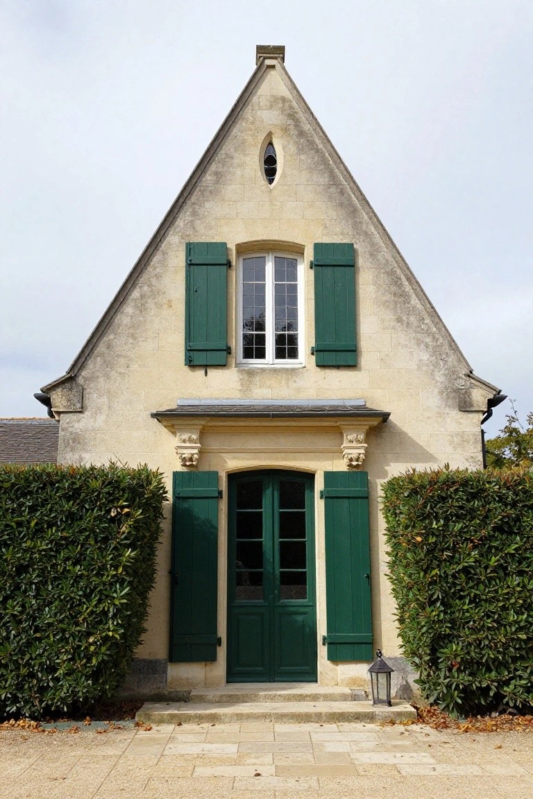 Beige stone house with steep gabled roof, small round window at peak, tall green shutters on upper and entry windows, green double front door under stone portico with carved pilasters, flanked by tall clipped green boxwood hedges, stone steps and path, metal lantern beside door.