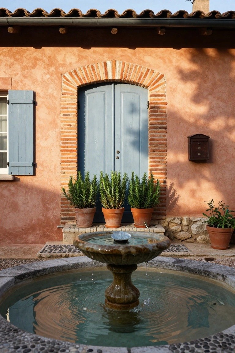 Terracotta stucco house facade featuring a red brick arched entry with light blue double doors, flanked by three terracotta pots of rosemary plants, a stone fountain in the foreground on a pebble stone patio, with a window and mailbox nearby.