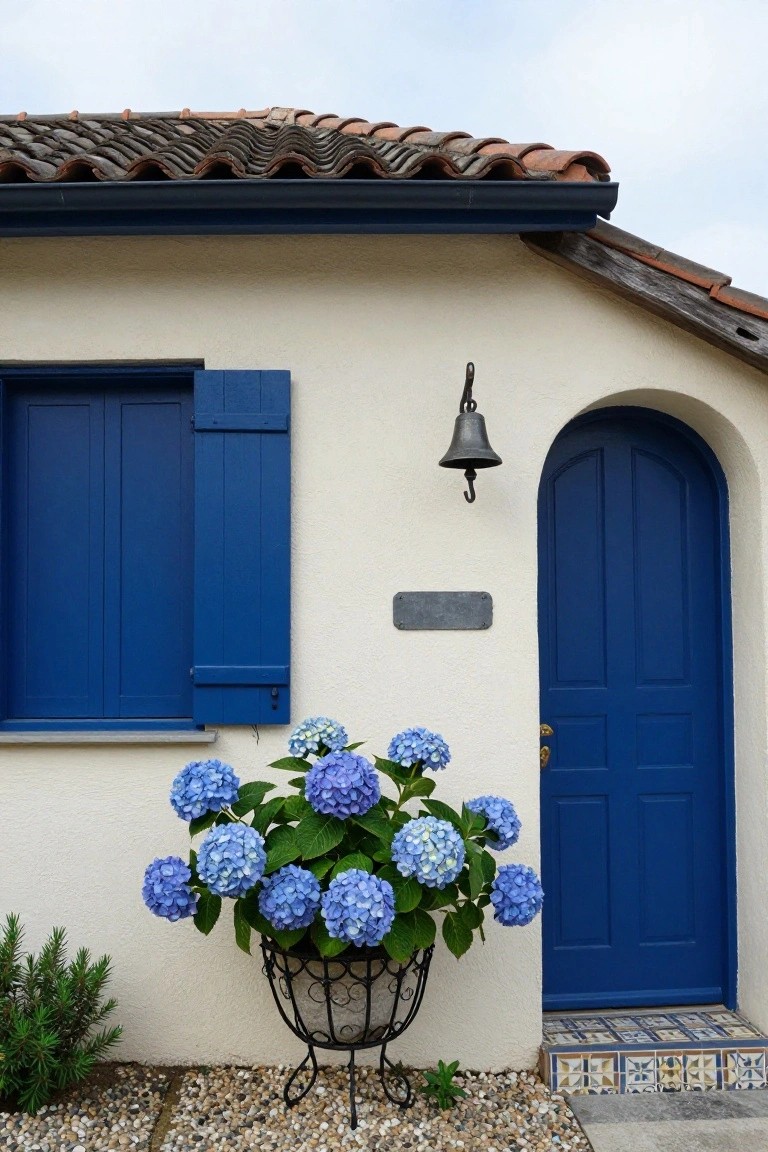 White stucco house facade with terracotta tile roof, blue shutters on a window, blue arched front door with brass knocker, potted blue hydrangeas in metal stand beside door, hanging bell light, and tiled entry steps.