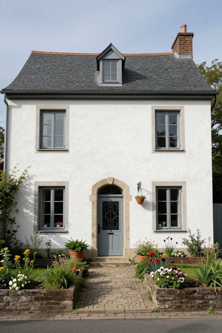 White stucco house with gray slate roof, arched blue front door with stone surround, gray-framed windows, flower beds along a stone path, and climbing plants on one side.