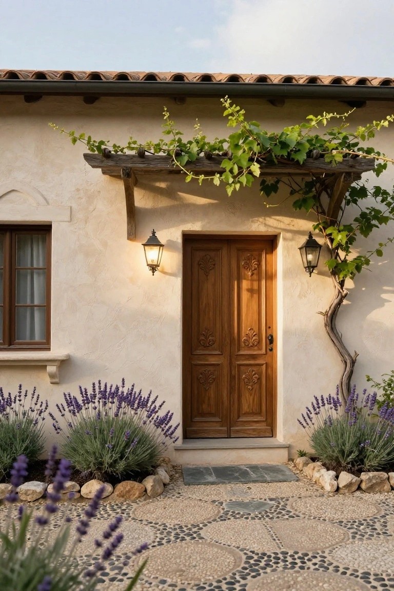 A beige stucco house facade with a carved wooden double door centered under a vine-covered wooden pergola, flanked by lanterns, a window, and lavender bushes along a pebble stone path.