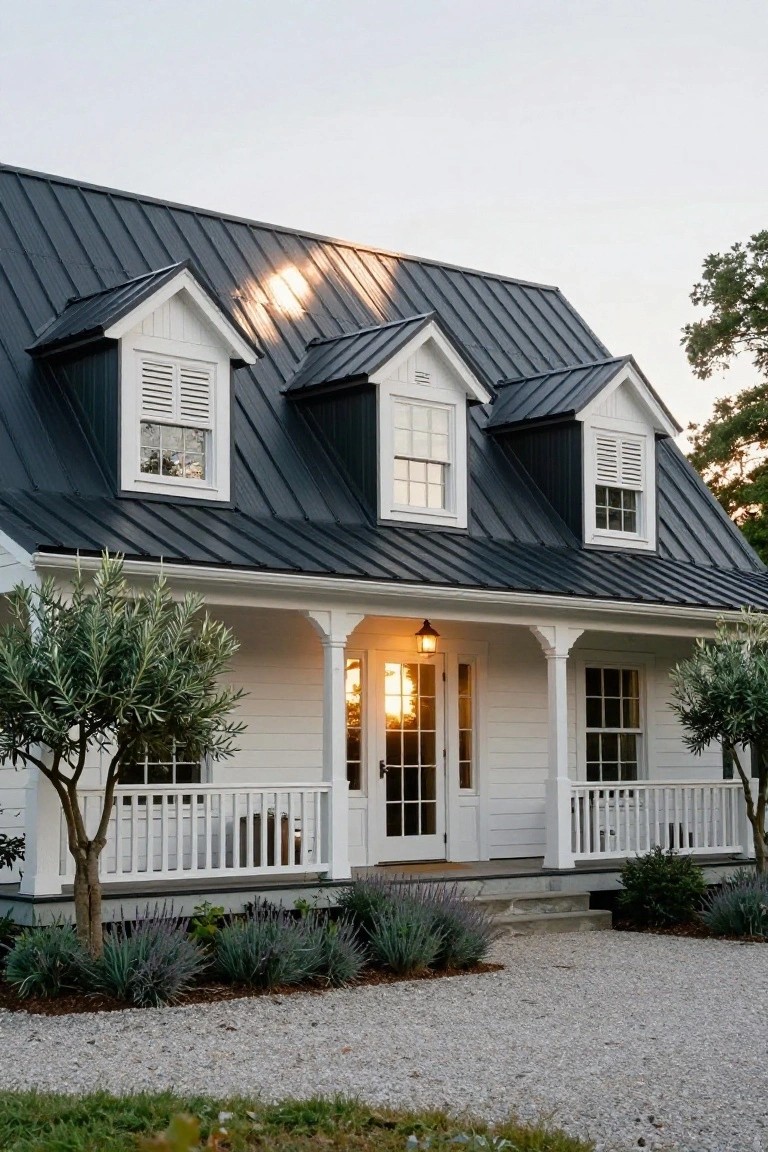 White clapboard two-story house with dark gray standing-seam metal roof, three gabled dormers with shutters, wraparound front porch with white columns and railing, flanked by olive trees, lavender and agave plantings, and gravel driveway at dusk.