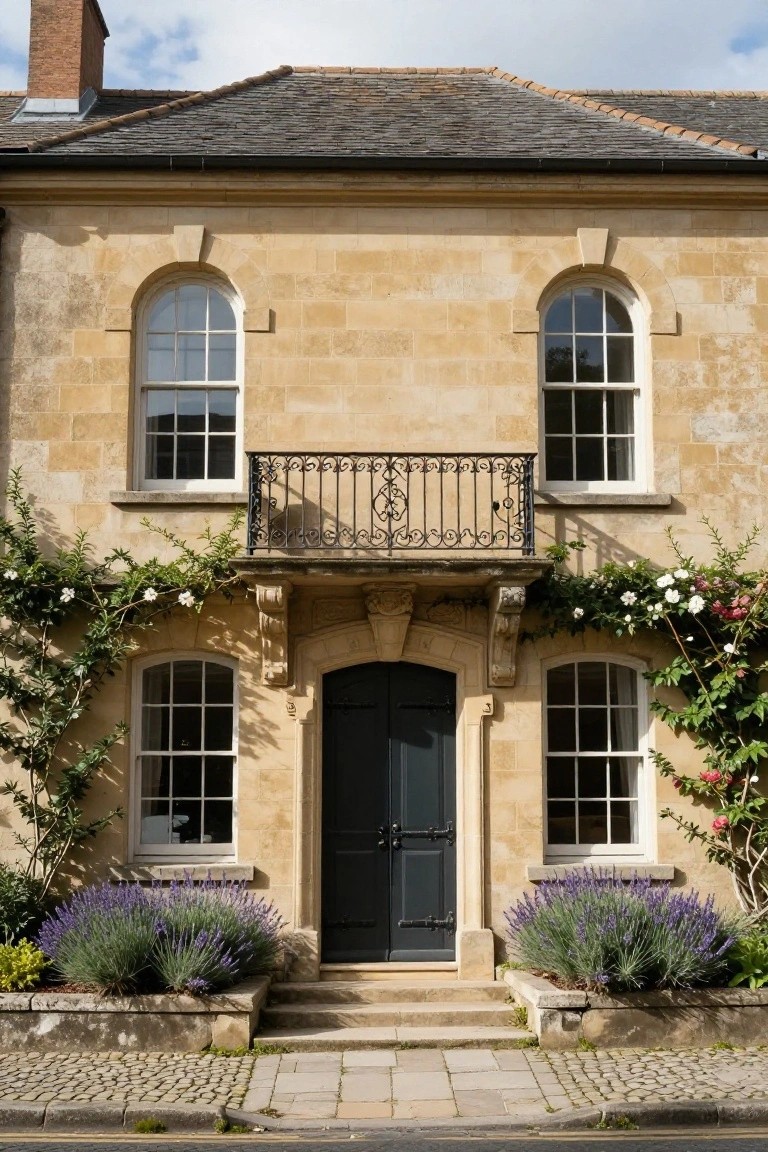 Stone facade with arched windows, black door, balcony, and lavender plants.