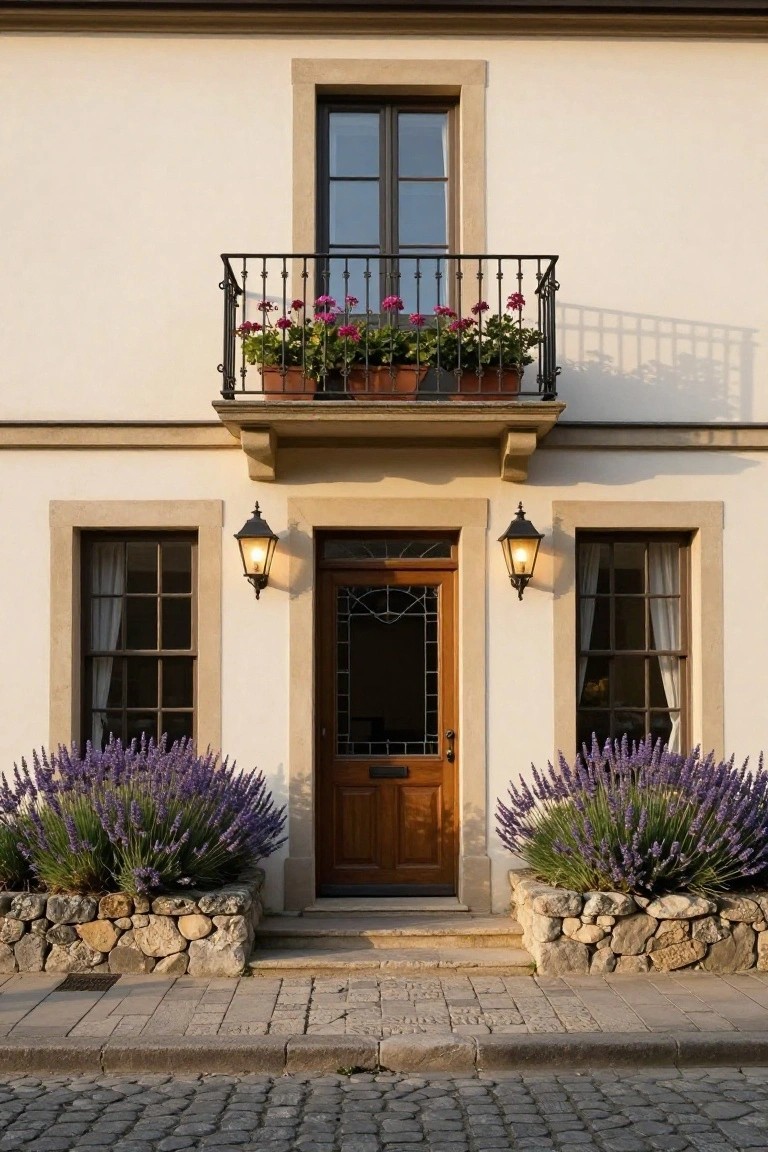 Beige stucco house facade featuring a central wooden door with stained glass, flanked by lavender plants in raised stone beds, lanterns on side walls, windows with curtains, and a wrought-iron balcony with geranium pots above, set against a cobblestone street.