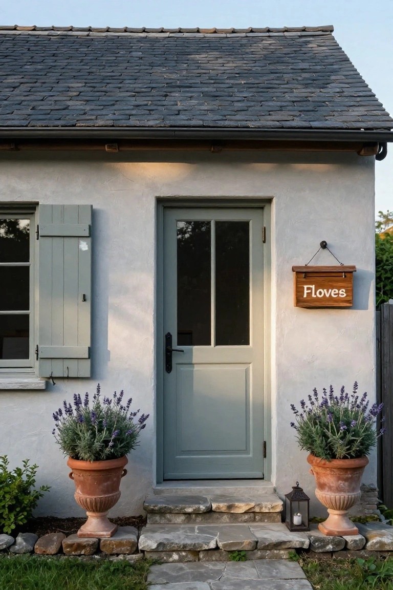 Stucco house exterior with slate roof, green door, blue shutters, wooden sign reading Flores, lantern, and two large terracotta pots of lavender flanking stone entry steps.
