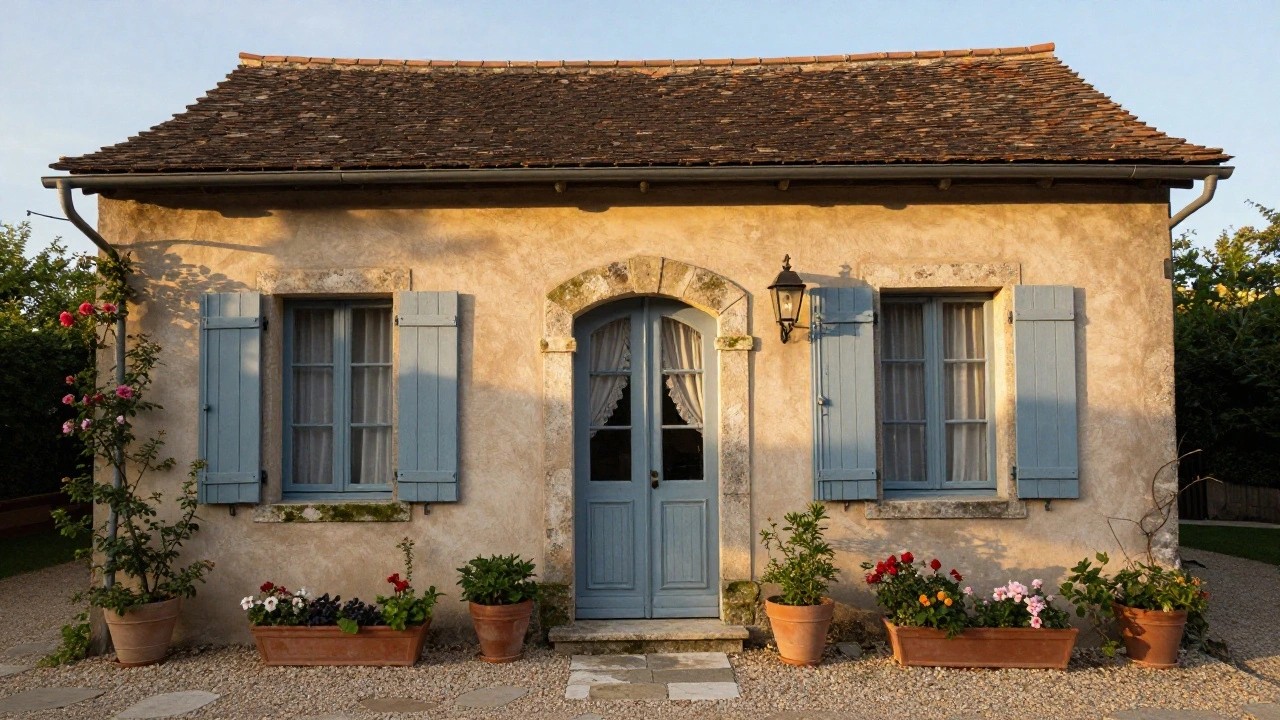 Ochre stucco house facade with blue wooden shutters, weathered double wooden door, climbing roses, potted plants in terracotta pots, lantern light, and gravel path with stone steps.