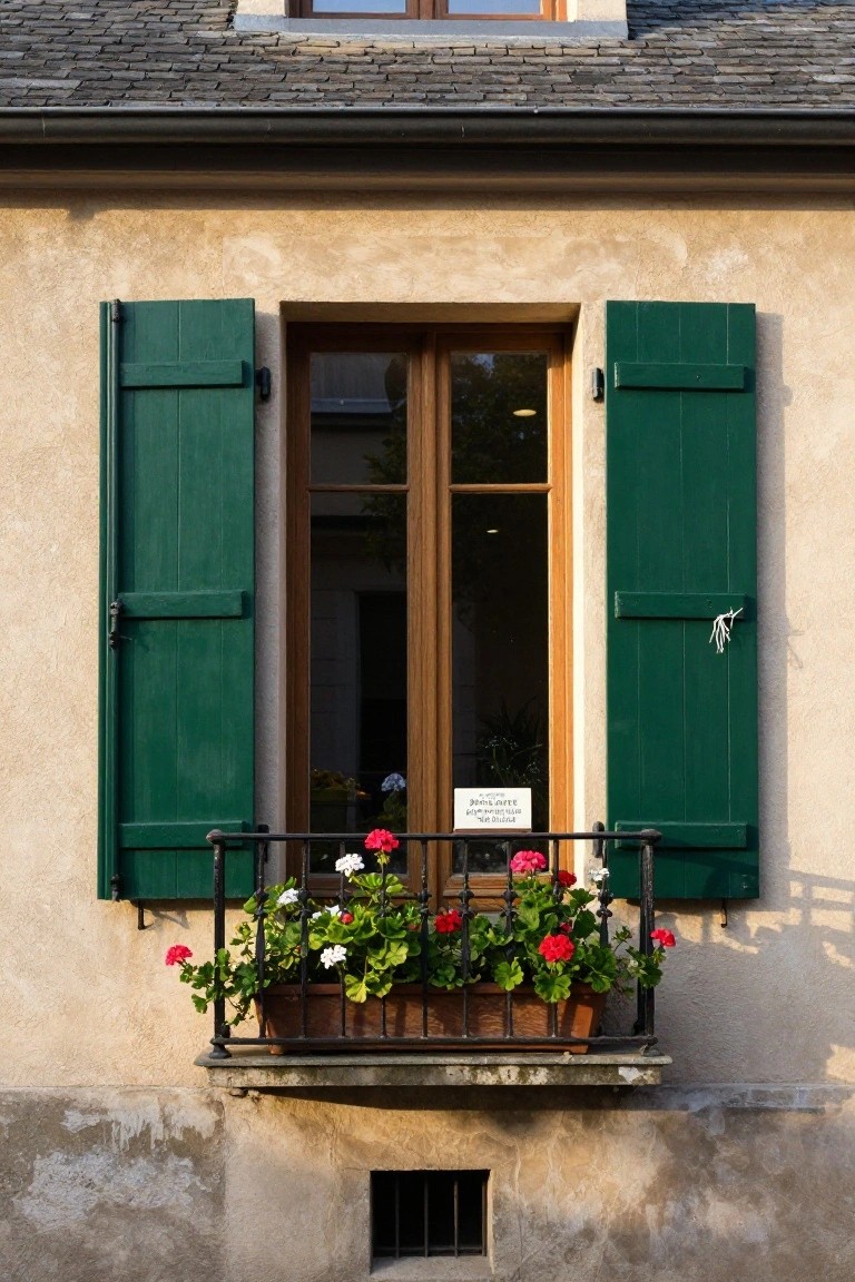 Beige stucco house wall with tall green wooden shutters flanking a double wooden window, black iron balcony rail holding a terracotta planter overflowing with red and white geraniums, slate tile roof above, and small grated vent below.