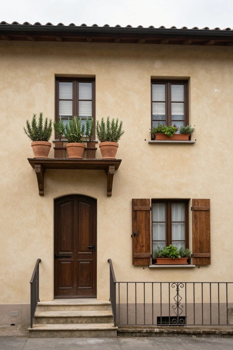 Beige stucco house facade with dark wood arched double door entry on stone steps with black iron railings, upper windows with blinds and lower window with wooden shutters, wooden shelf above entry holding five terracotta pots of rosemary plants, and small balcony with herb pots.