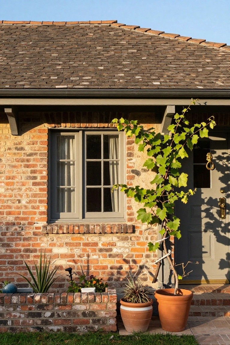 Brick house exterior with a double casement window, gray front door with brass knocker and lion head handle, climbing grapevine in terracotta pot, agave plants in brick planter, and potted plants on a paved entry.