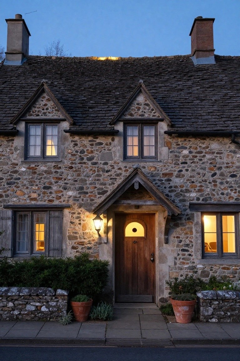 Front exterior of a two-story stone cottage with gabled slate roof, lit mullioned windows, wooden plank door with circular window, wall-mounted lantern, boxwood shrubs, potted plants, and stone pathway at dusk.
