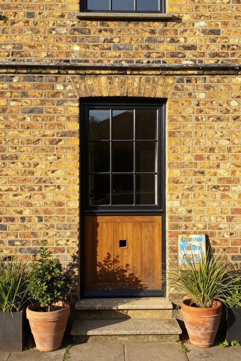 Yellow brick house facade with black metal-framed stable door featuring wooden lower panel and glass upper panes, flanked by terracotta pots with plants and grasses, plus a blue "HELLO" sign on the wall.