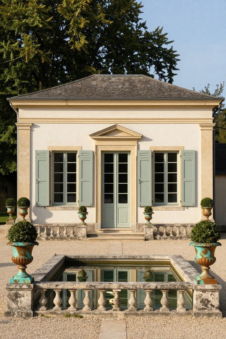 Cream stucco pavilion building with pedimented central glass door flanked by two shuttered windows, green shutters, stone urns with topiary plants on either side, rectangular reflecting pool in front, gravel courtyard, and trees in background.